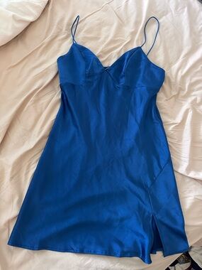 Blue Satin Slip Mini Dress with Spaghetti Straps